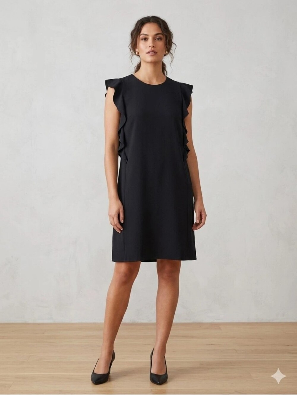 Carven Black Ruffle-Sleeve Shift Dress Sz 38 Medium